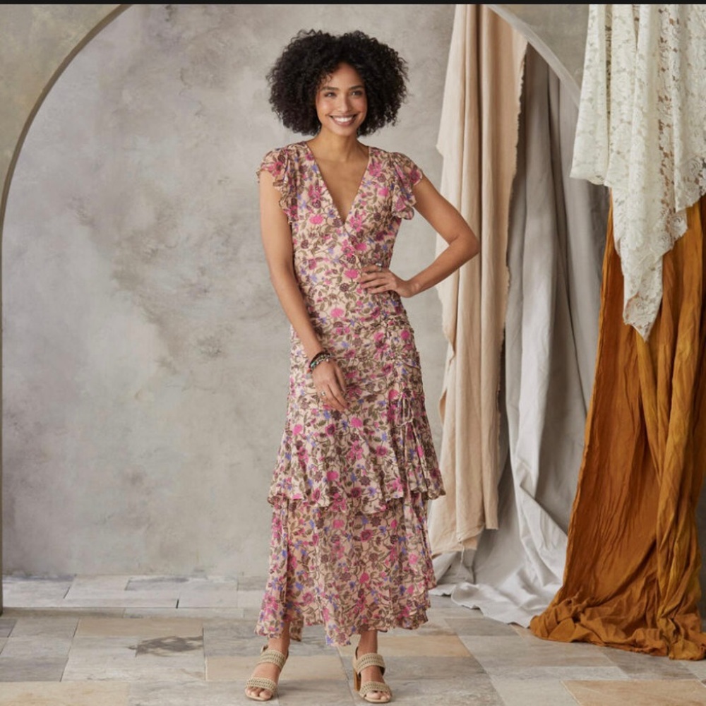 Cleobella Sundance Bryce Ankle Ruched Midi Flutter Sleeve Floral Dress XL